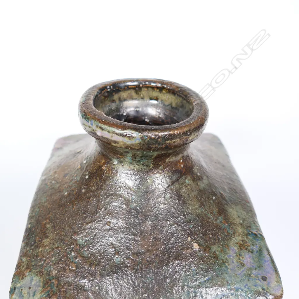 John Fuller Square Based Bottle Vase w textured finish. Potter's mark to lower side. H.220mm W.165mm Image 1++