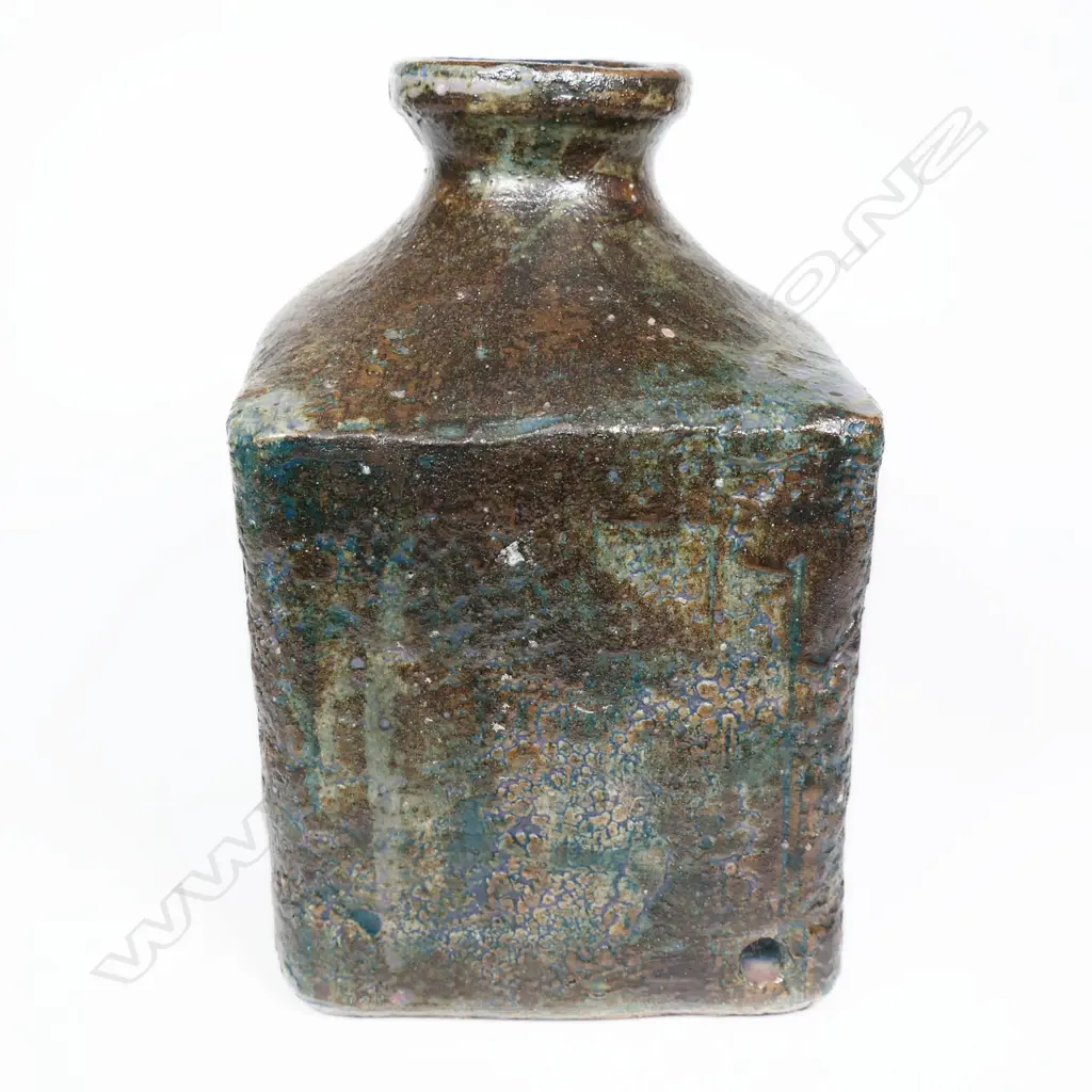 John Fuller Square Based Bottle Vase w textured finish. Potter's mark to lower side. H.220mm W.165mm Image 1++