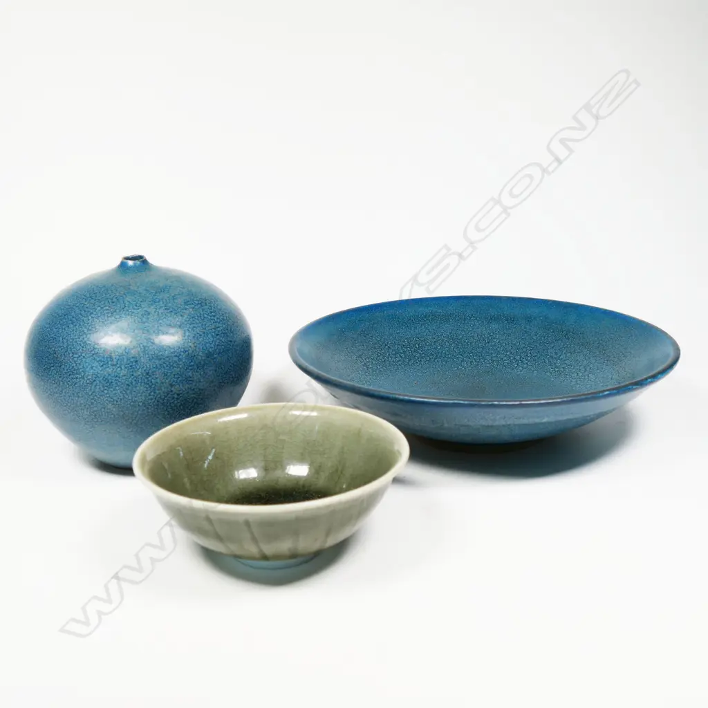 Trio Campbell Hegan pcs; Blue Orb Vase & Shallow Bowl. Sea green glazed tea bowl Image 1++