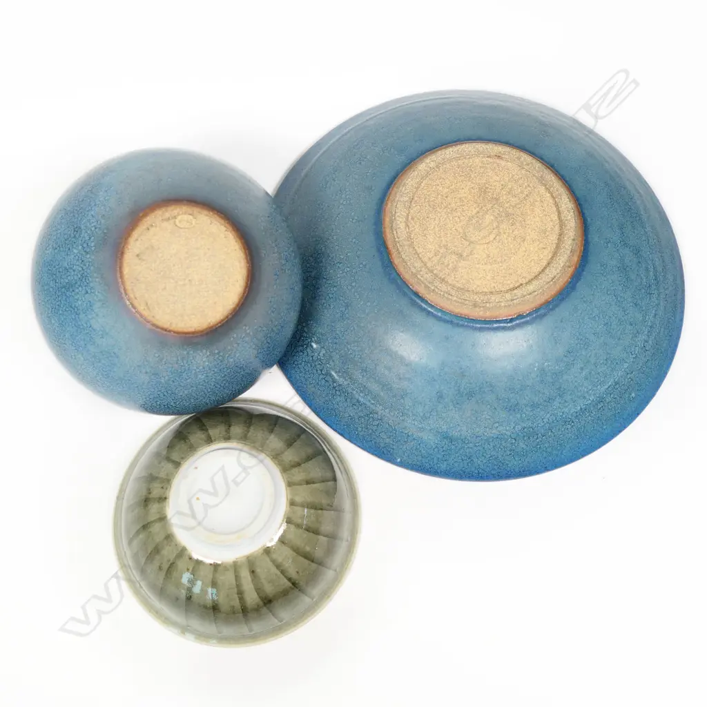Trio Campbell Hegan pcs; Blue Orb Vase & Shallow Bowl. Sea green glazed tea bowl Image 1++