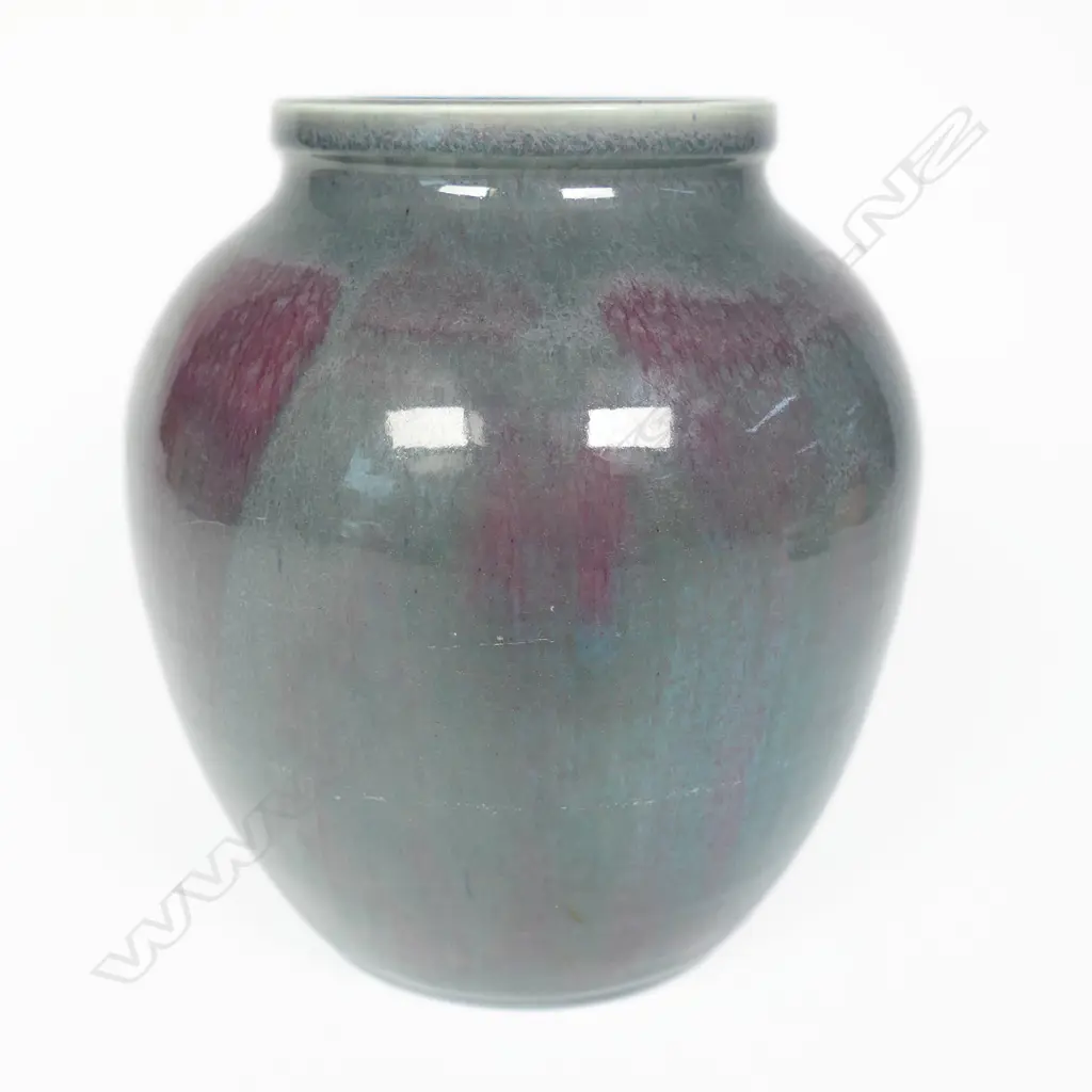 Olive Jones Ovoid Vase. Lustrous glaze variable blush tones. H165mm Image 1++