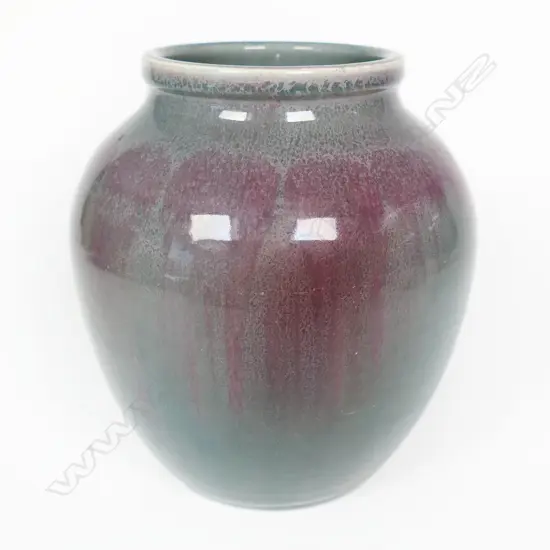 Olive Jones Ovoid Vase. Lustrous glaze variable blush tones. H165mm