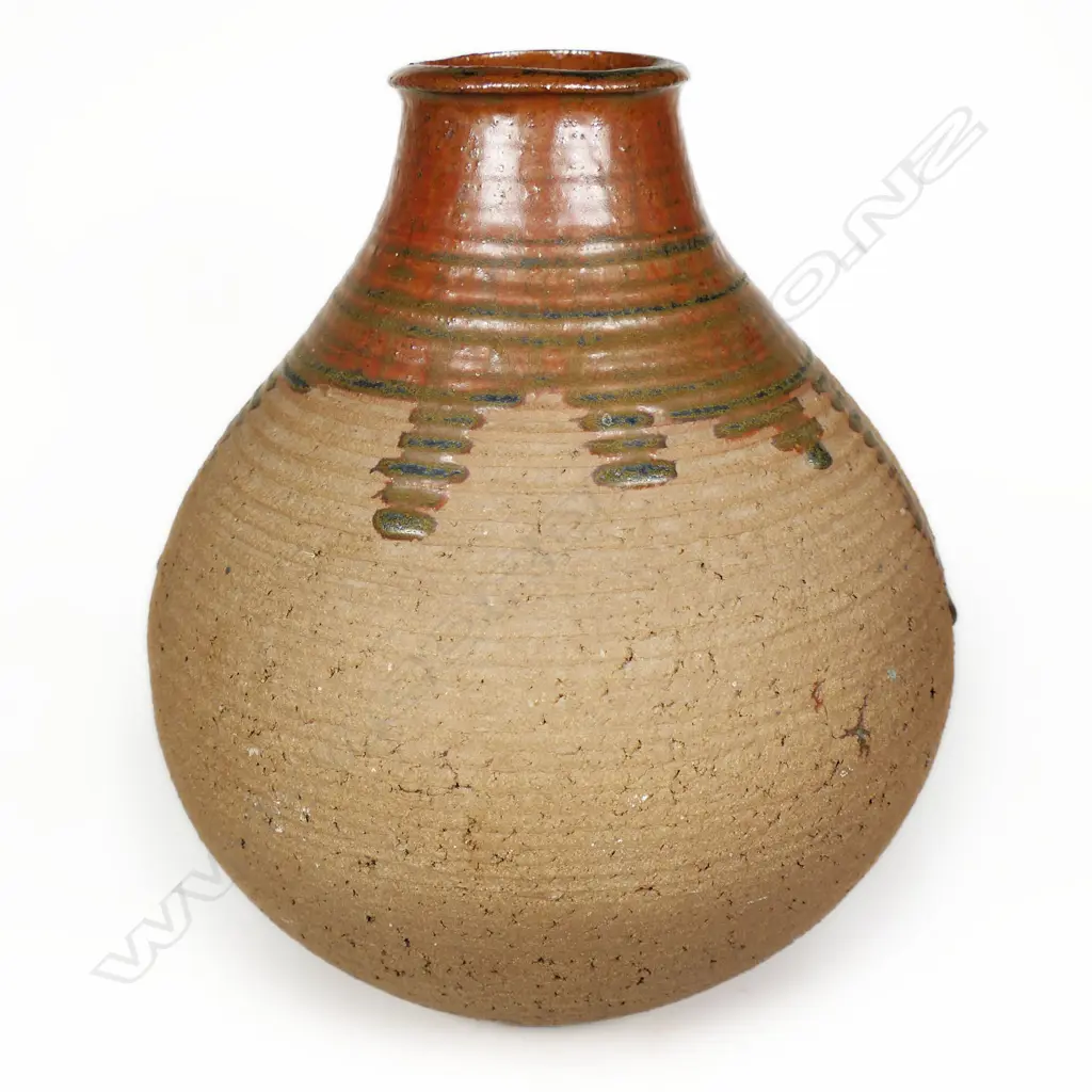 Estelle Martin Floor Pot. Glazed neck unglazed body w concentric incised rings, potter's marks to base, H.300mm Image 1++