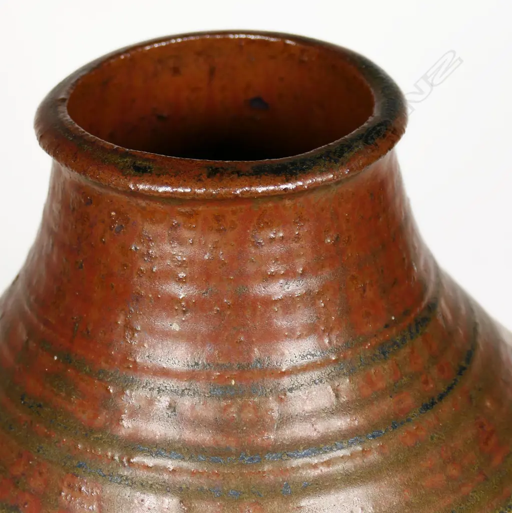 Estelle Martin Floor Pot. Glazed neck unglazed body w concentric incised rings, potter's marks to base, H.300mm Image 1++