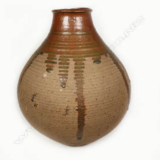 Estelle Martin Floor Pot. Glazed neck unglazed body w concentric incised rings, potter's marks to base, H.300mm