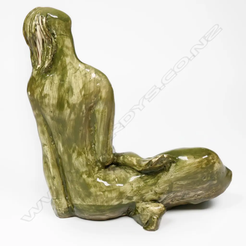 Muriel Moody (1907-1991) Green Glazed Female Figure with a Fish on Lap. H.175mm Image 1++