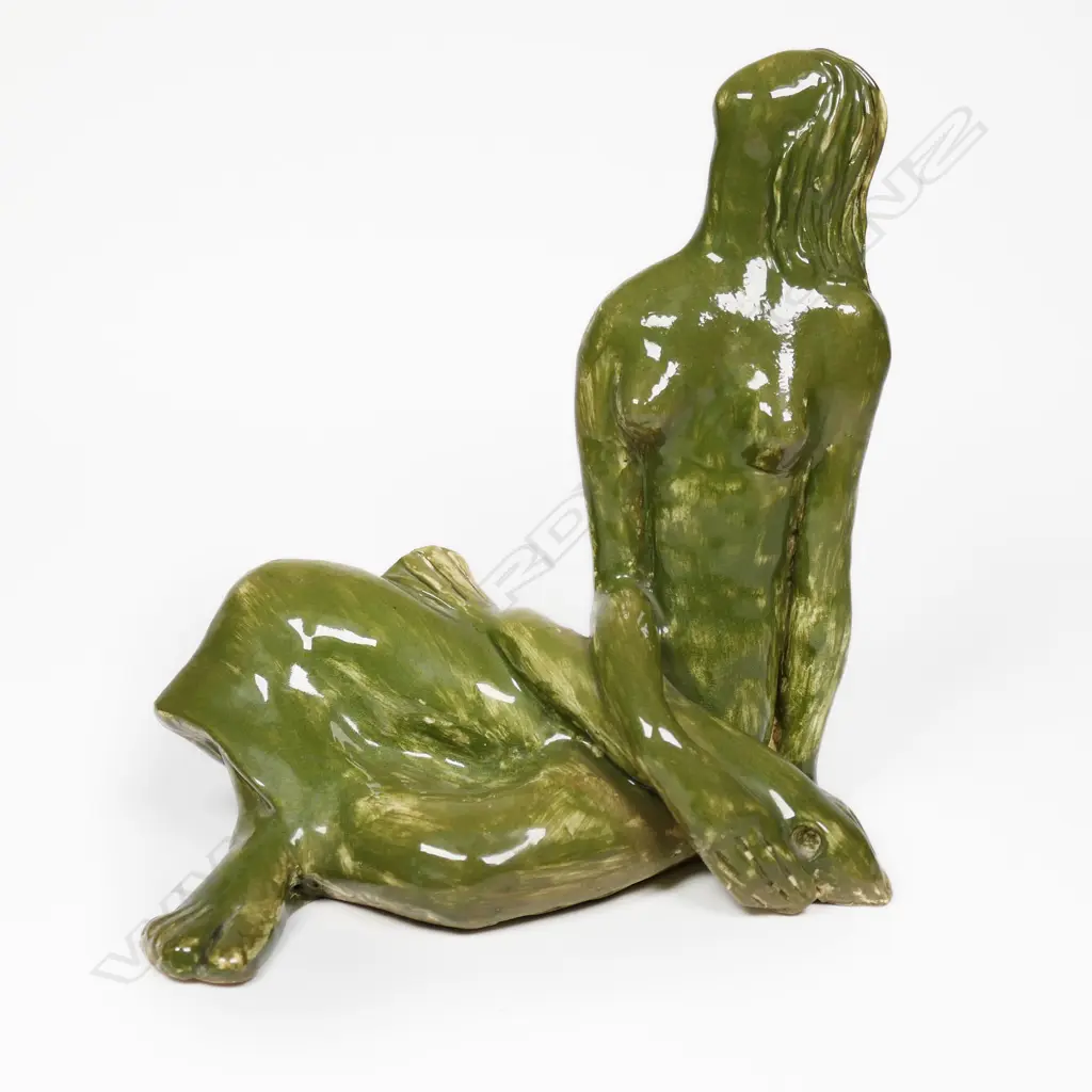 Muriel Moody (1907-1991) Green Glazed Female Figure with a Fish on Lap. H.175mm Image 1++