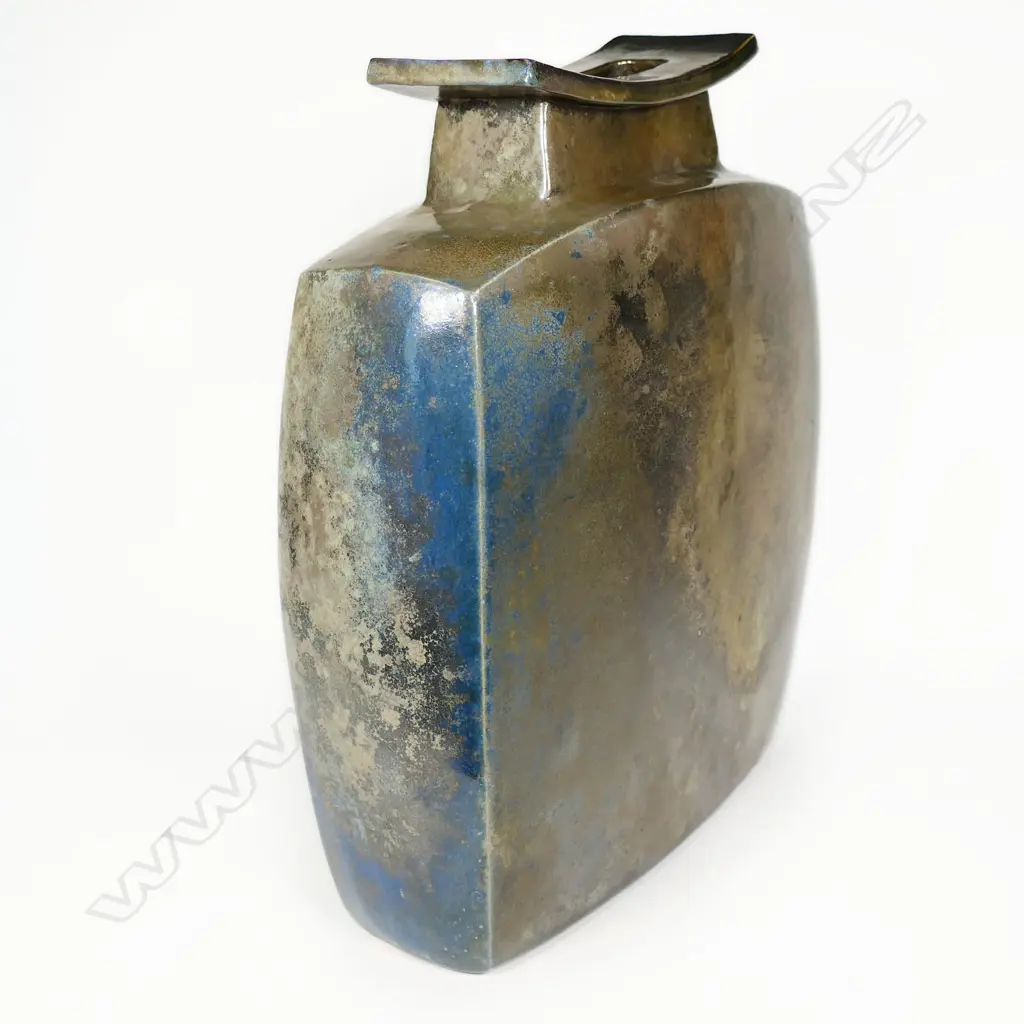 Ray Rodgers Trumpet Vase. Slab vase w lustrous patina of muted blue and metallic greens overlaid. H.360mm Image 1++