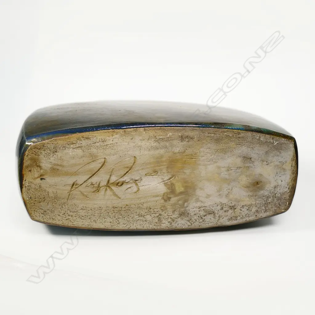 Ray Rodgers Trumpet Vase. Slab vase w lustrous patina of muted blue and metallic greens overlaid. H.360mm Image 1++