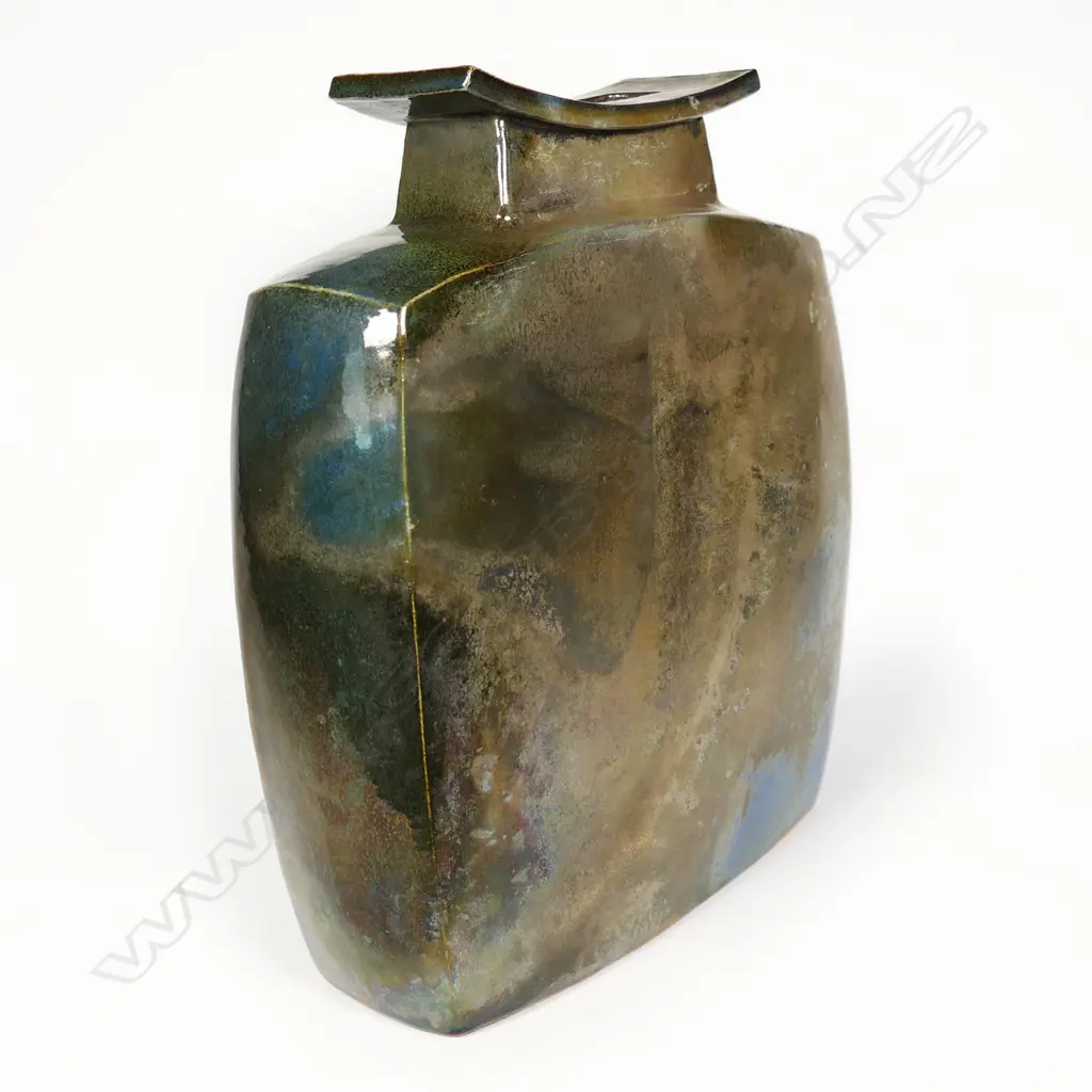 Ray Rodgers Trumpet Vase. Slab vase w lustrous patina of muted blue and metallic greens overlaid. H.360mm Image 1++