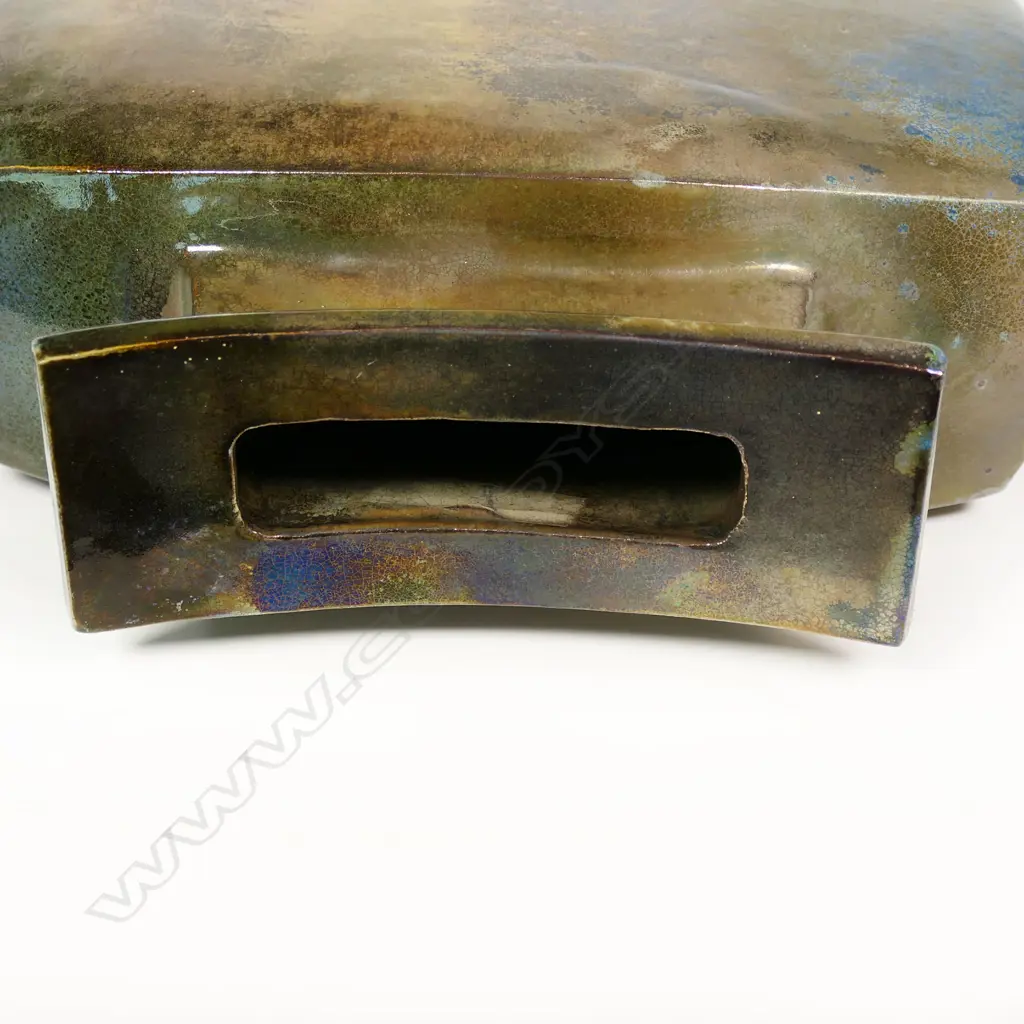Ray Rodgers Trumpet Vase. Slab vase w lustrous patina of muted blue and metallic greens overlaid. H.360mm Image 1++
