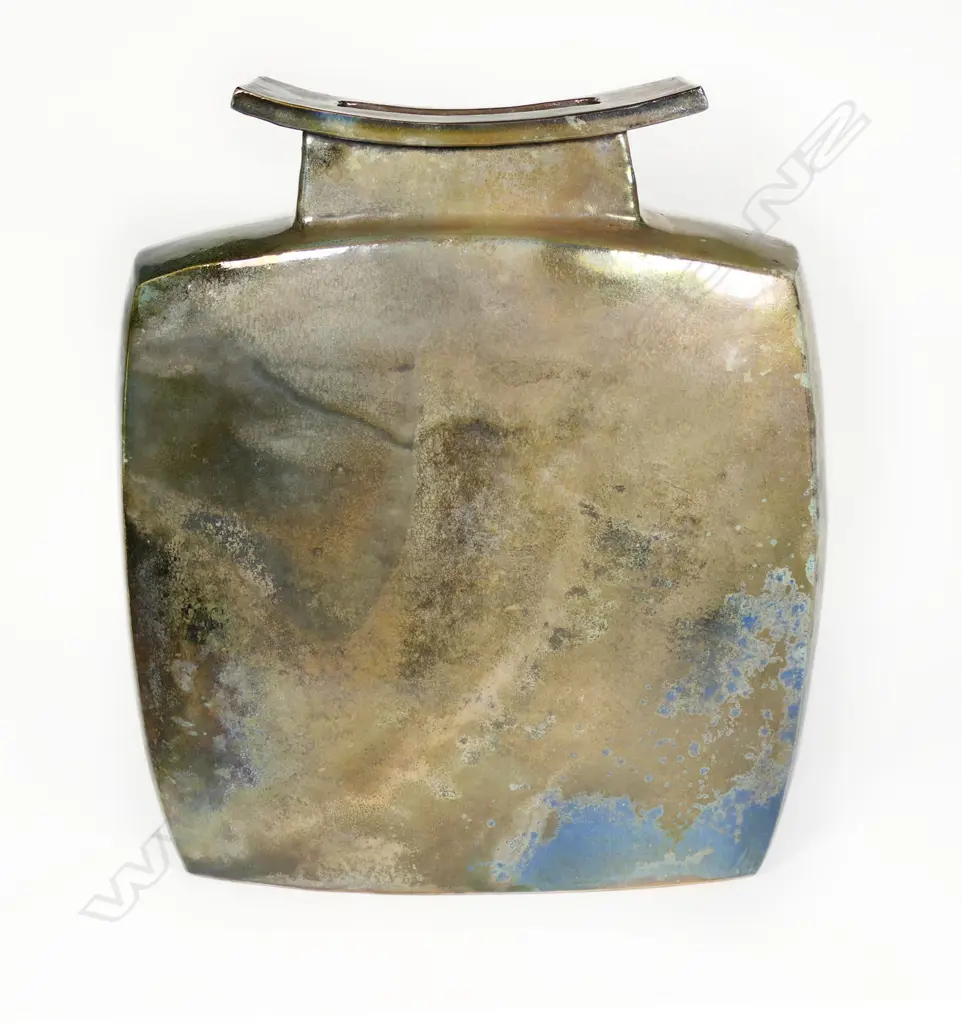Ray Rodgers Trumpet Vase. Slab vase w lustrous patina of muted blue and metallic greens overlaid. H.360mm Image 1++