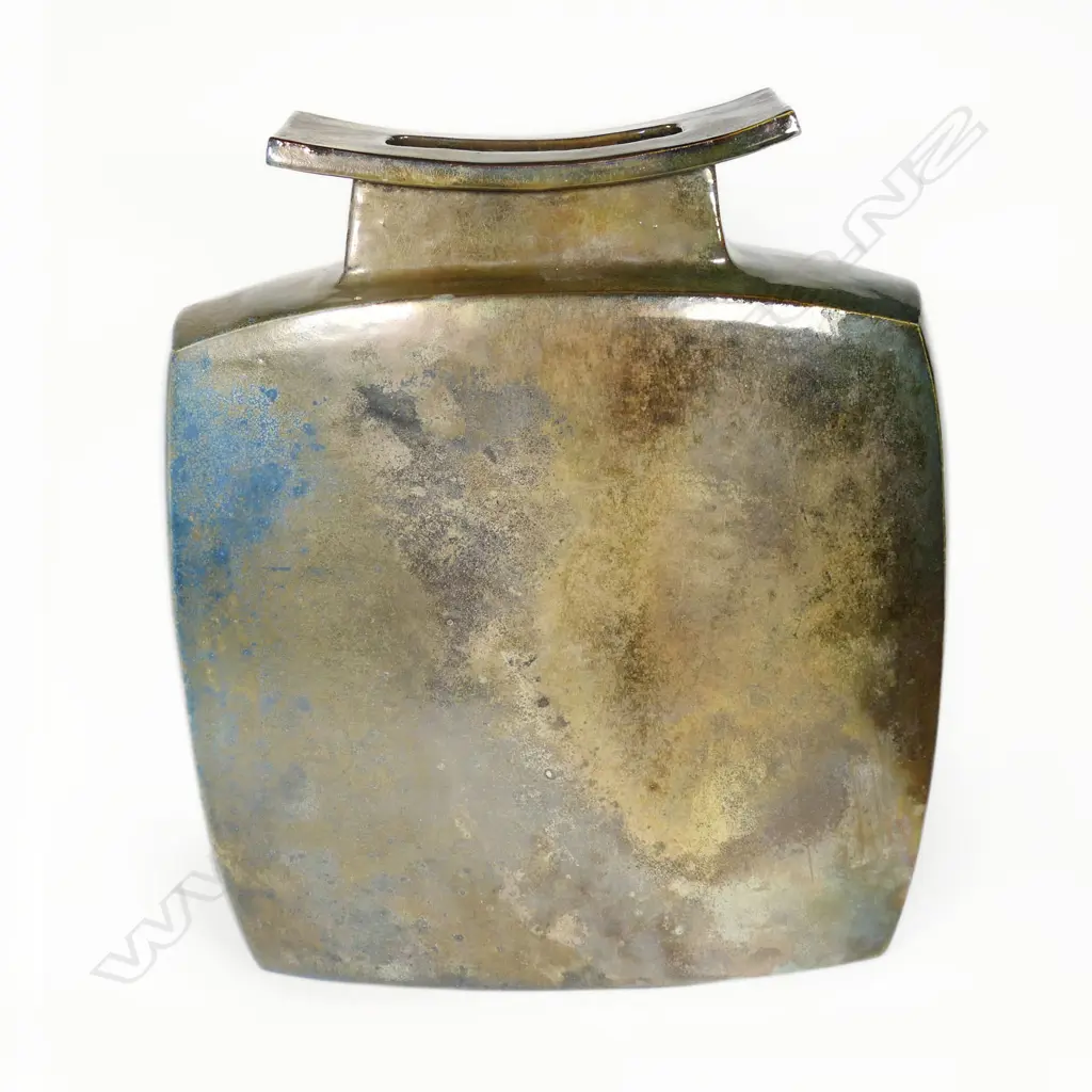 Ray Rodgers Trumpet Vase. Slab vase w lustrous patina of muted blue and metallic greens overlaid. H.360mm Image 1++