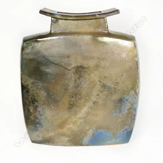 Ray Rodgers Trumpet Vase. Slab vase w lustrous patina of muted blue and metallic greens overlaid. H.360mm
