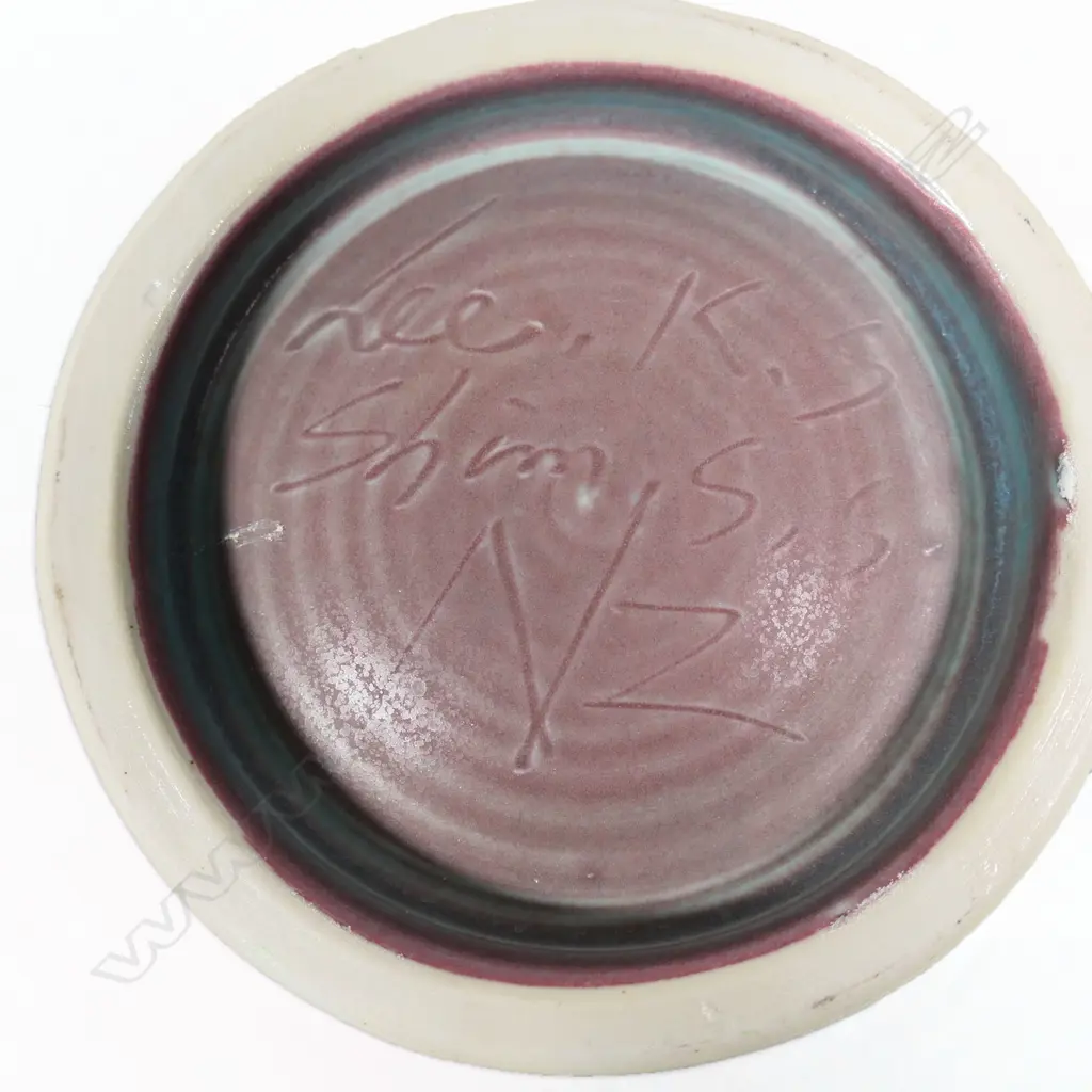 Keum Sun Lee/ Sang Sool Shim Lg Footed Platter. Pale gn matte wash w relief purple flower detail. Dia.380mm Image 1++