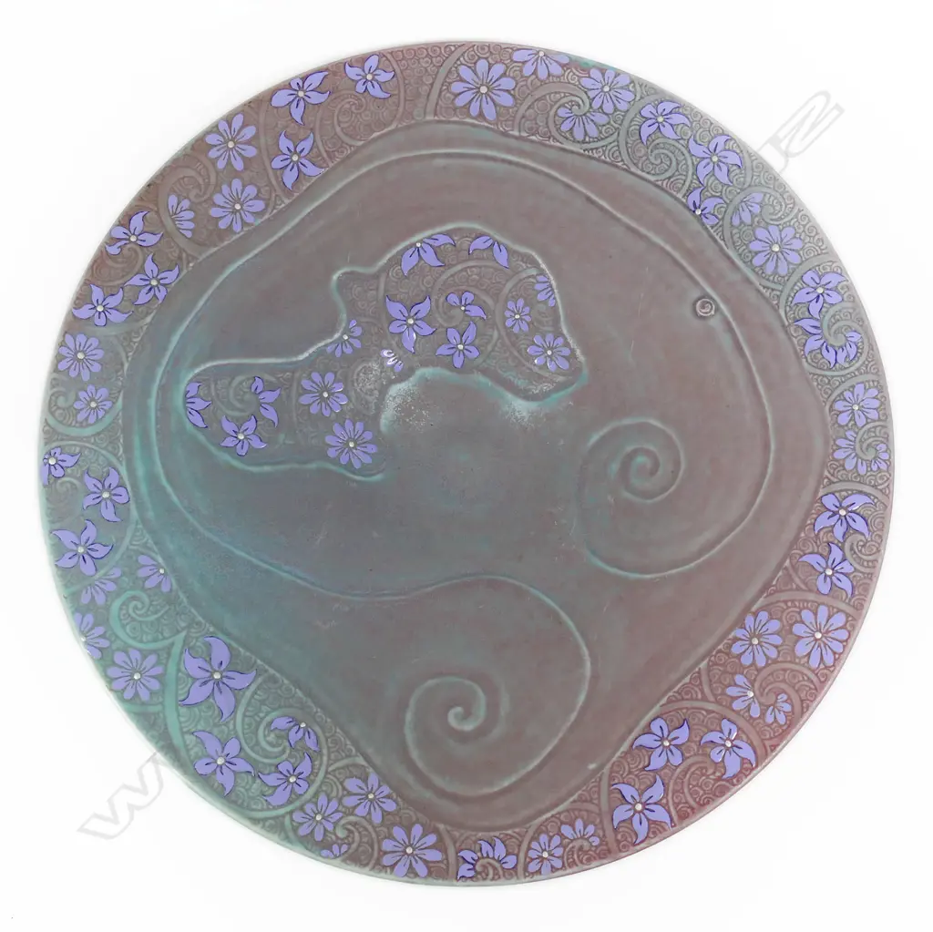 Keum Sun Lee/ Sang Sool Shim Lg Footed Platter. Pale gn matte wash w relief purple flower detail. Dia.380mm Image 1++