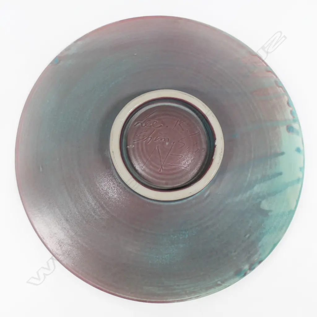 Keum Sun Lee/ Sang Sool Shim Lg Footed Platter. Pale gn matte wash w relief purple flower detail. Dia.380mm Image 1++