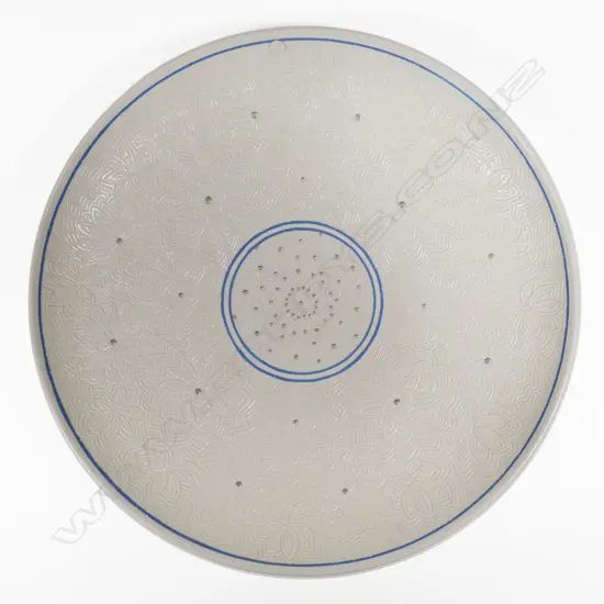 Keum Sun Lee/ Sang Sool Shim Footed Platter. White & blue glaze w incised flower detail. Dia.360mm