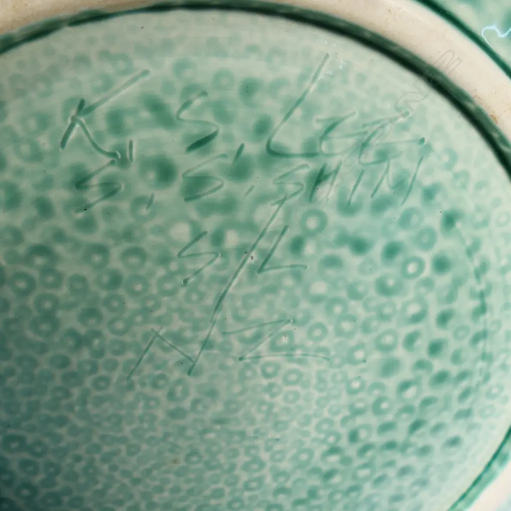 Keum Sun Lee/ Sang Sool Shim Lg Platter. Celadon ground w detailed intaglio floral design. Dia.440mm Image 1++