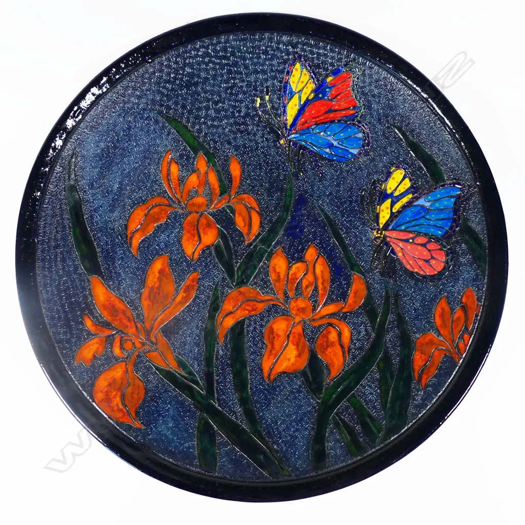 Keum Sun Lee/ Sang Sool Shim Shallow Bowl. Blue/bk base w colourful floral & butterfly design. Dia.360mm Image 1++