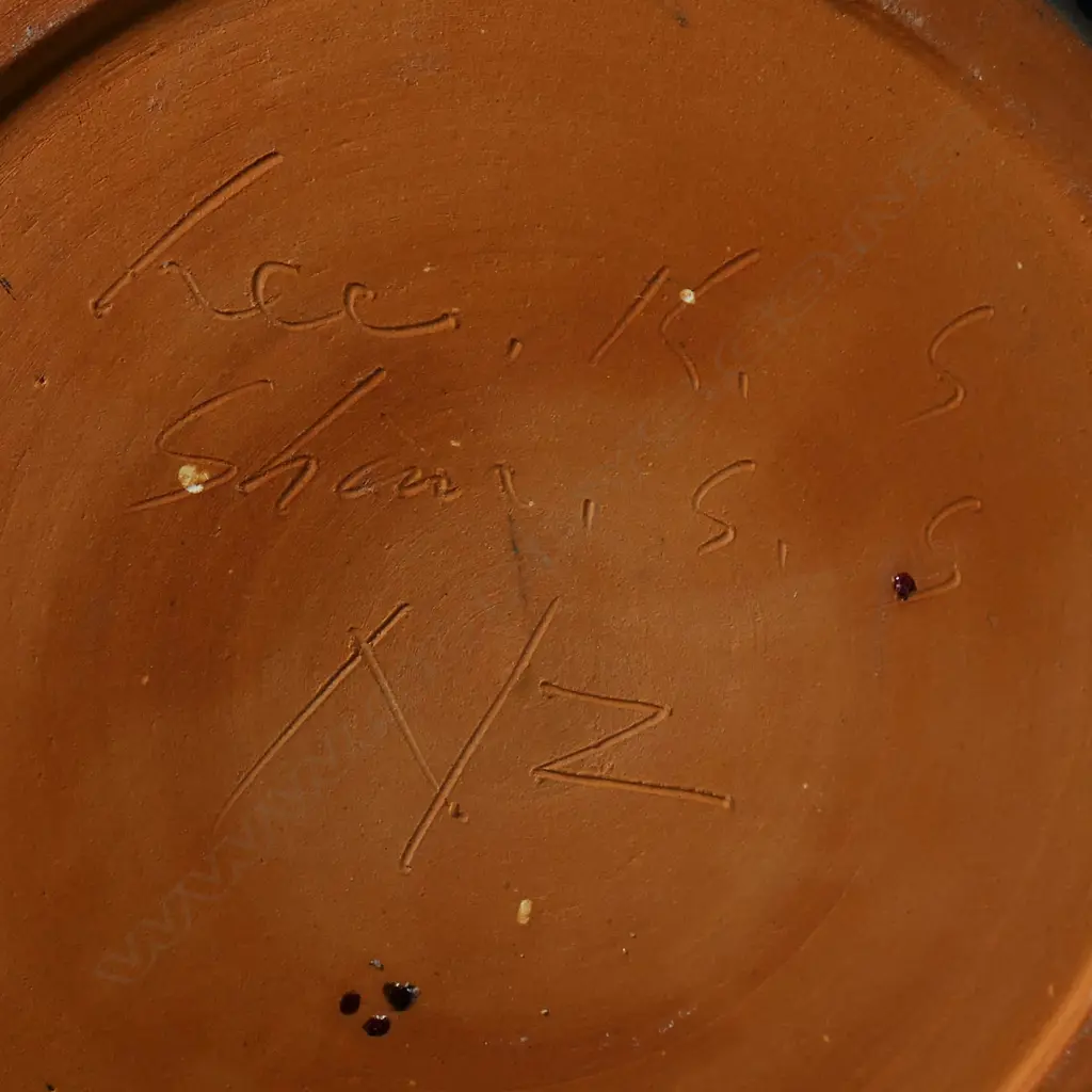 Keum Sun Lee/ Sang Sool Shim Shallow Bowl. Blue/bk base w colourful floral & butterfly design. Dia.360mm Image 1++