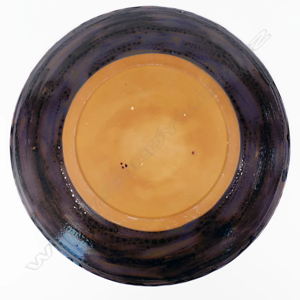 Keum Sun Lee/ Sang Sool Shim Shallow Bowl. Blue/bk base w colourful floral & butterfly design. Dia.360mm Image 1++