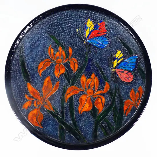 Keum Sun Lee/ Sang Sool Shim Shallow Bowl. Blue/bk base w colourful floral & butterfly design. Dia.360mm