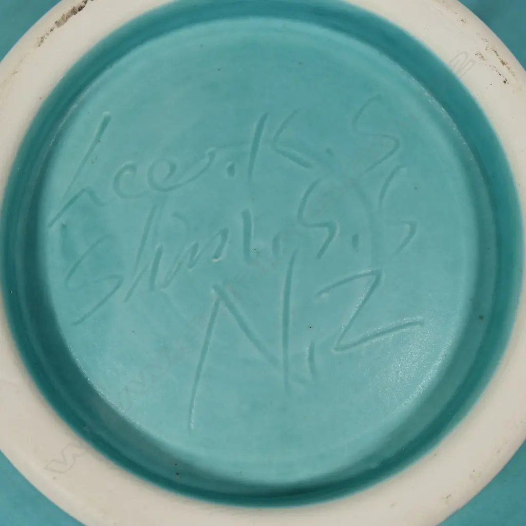 Keum Sun Lee/ Sang Sool Shim Lg Footed Deep Dish. Celadon glaze w incised koru & floral design. Dia.400mm H.90mm Image 1++