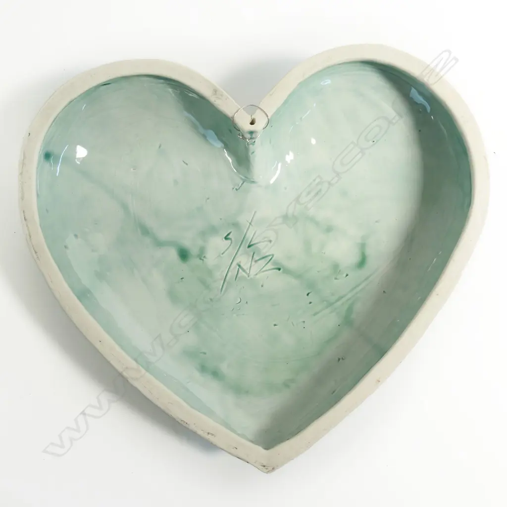 Keum Sun Lee/ Sang Sool Shim Hanging Heart. Porcelain celadon glaze w black incised floral design. 300 x 300mm Image 1++
