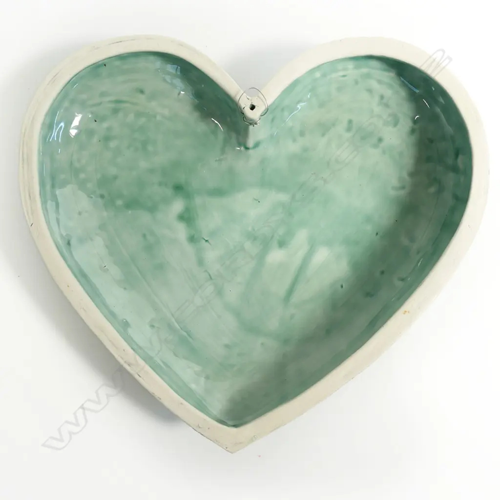 Keum Sun Lee/ Sang Sool Shim Hanging Heart. Porcelain, celadon glaze incised design gold hi-lights. 300 x 300mm Image 1++