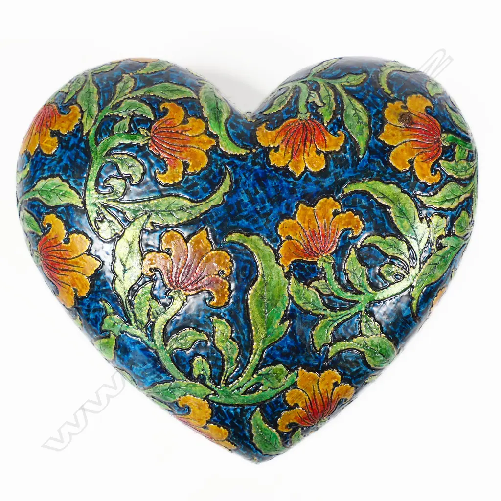 Keum Sun Lee/ Sang Sool Shim Hanging Heart. Lustre glazed porcelain, floral design w orange flowers. 300 x 300mm Image 1++