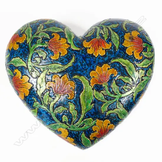 Keum Sun Lee/ Sang Sool Shim Hanging Heart. Lustre glazed porcelain, floral design w orange flowers. 300 x 300mm