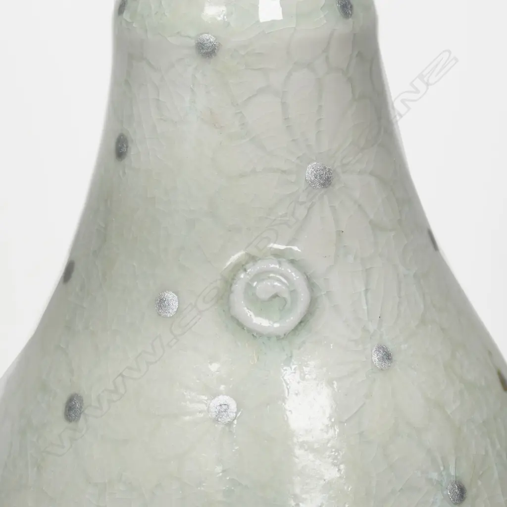 Keum Sun Lee/ Sang Sool Shim Long necked Bottle Form. Pearl glazed porcelain w silver dot detail. H.400mm Image 1++