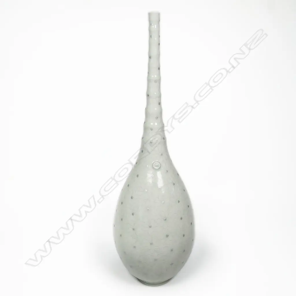 Keum Sun Lee/ Sang Sool Shim Long necked Bottle Form. Pearl glazed porcelain w silver dot detail. H.400mm Image 1++
