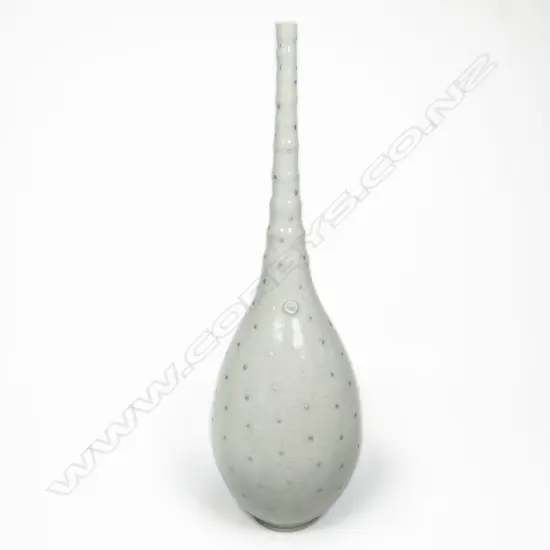 Keum Sun Lee/ Sang Sool Shim Long necked Bottle Form. Pearl glazed porcelain w silver dot detail. H.400mm
