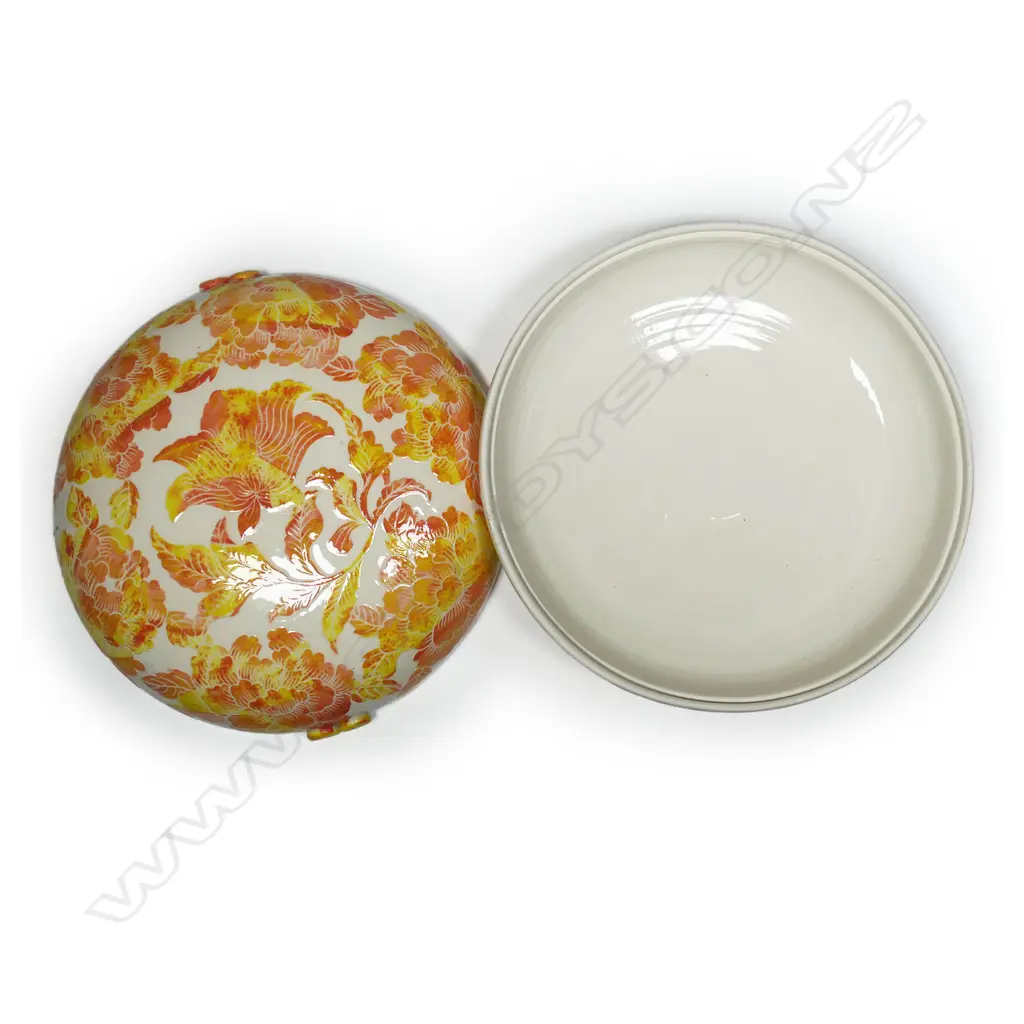 Keum Sun Lee/ Sang Sool Shim Lidded Round Dish. Cream glazed porcelain w raised orange yellow floral design. Dia.230mm Image 1++