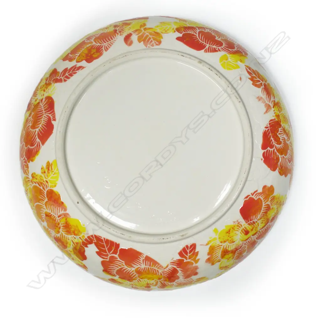 Keum Sun Lee/ Sang Sool Shim Lidded Round Dish. Cream glazed porcelain w raised orange yellow floral design. Dia.230mm Image 1++