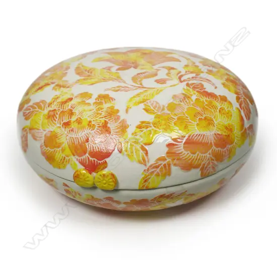 Keum Sun Lee/ Sang Sool Shim Lidded Round Dish. Cream glazed porcelain w raised orange yellow floral design. Dia.230mm