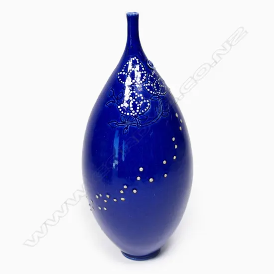 Keum Sun Lee/ Sang Sool Shim Bottle Form. Blue glazed porcelain w silver detail. H.220mm