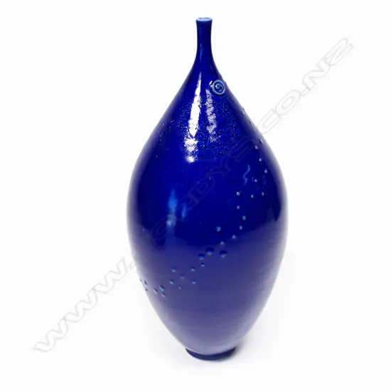 Keum Sun Lee/ Sang Sool Shim Bottle Form. Blue glazed porcelain incised circular & raised dot detail. H.230mm
