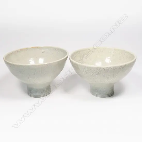 Keum Sun Lee/ Sang Sool Shim Pr Porcelain Celadon Glazed Footed Bowls. Incised floral & spiral design. H.120mm Dia.180mm