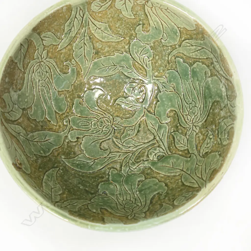 Keum Sun Lee/ Sang Sool Shim Green Footed Pottery Bowl. High relief floral design. H.120 x Dia.200mm Image 1++