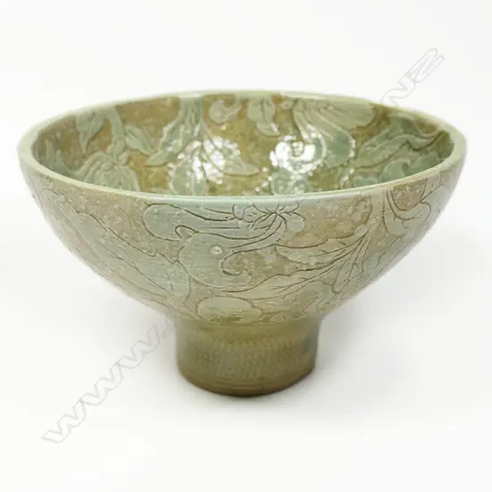 Keum Sun Lee/ Sang Sool Shim Green Footed Pottery Bowl. High relief floral design. H.120 x Dia.200mm
