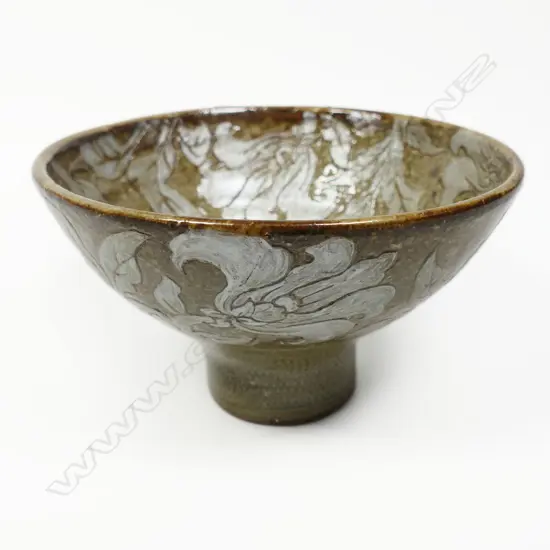 Keum Sun Lee/ Sang Sool Shim Green Footed Pottery Bowl. Silver high relief floral design. H.120 x Dia.190mm