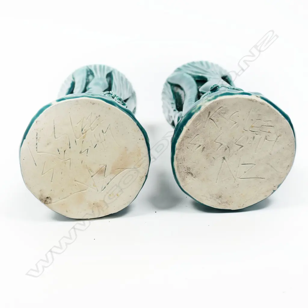 Keum Sun Lee/ Sang Sool Shim Pr Nikau Bottle Forms. Green glazed overlaid Nikau palm forms silver daisy detail. H.220mm Image 1++