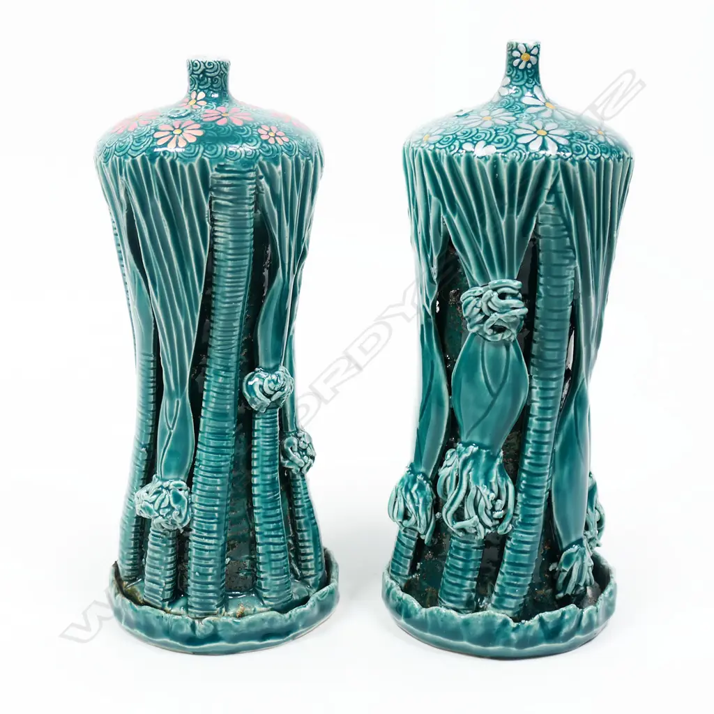 Keum Sun Lee/ Sang Sool Shim Pr Nikau Bottle Forms. Green glazed overlaid Nikau palm forms silver daisy detail. H.220mm Image 1++