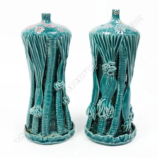 Keum Sun Lee/ Sang Sool Shim Pr Nikau Bottle Forms. Green glazed overlaid Nikau palm forms silver daisy detail. H.220mm