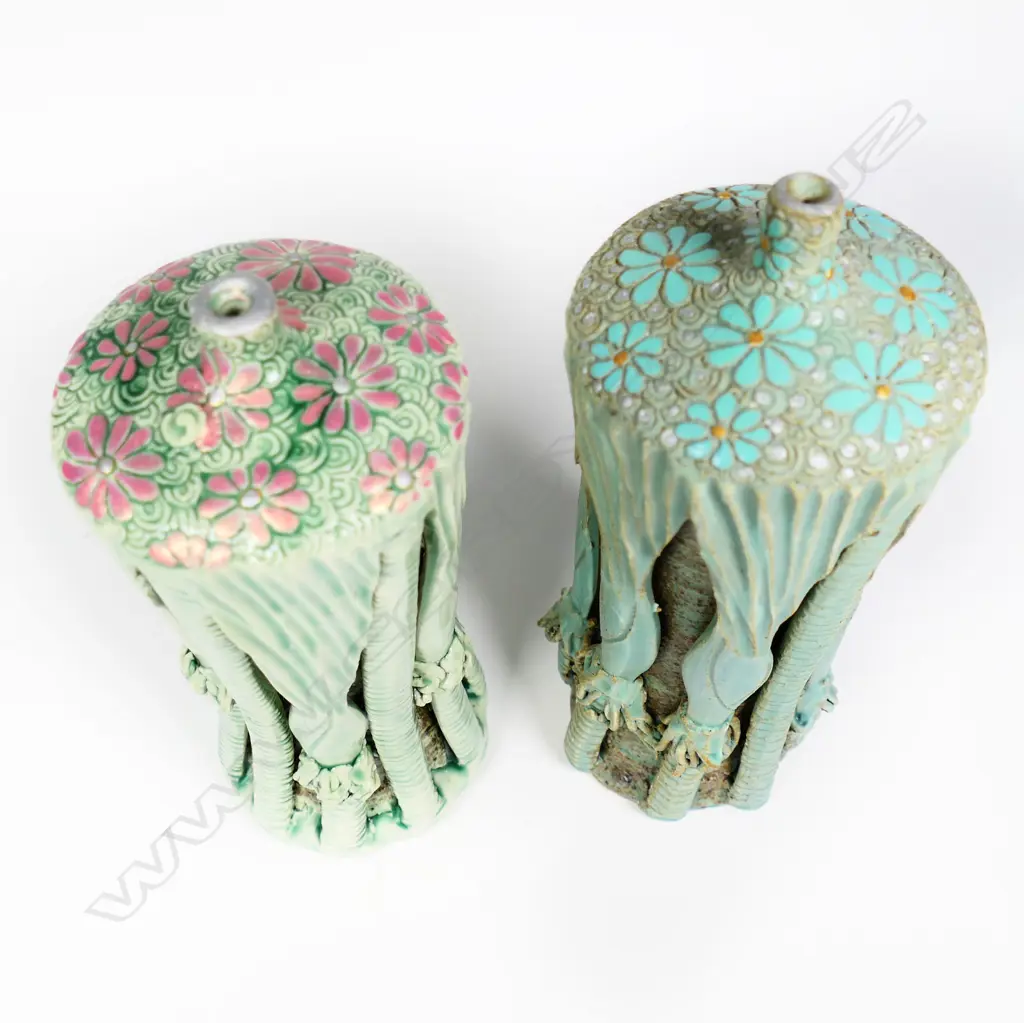 Keum Sun Lee/ Sang Sool Shim Pr Nikau Bottle Forms. Pale green glazed overlaid Nikau palm forms daisy detail. H.200mm Image 1++