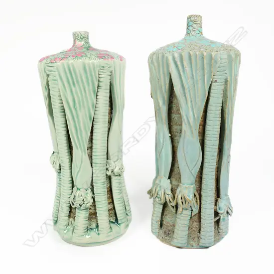 Keum Sun Lee/ Sang Sool Shim Pr Nikau Bottle Forms. Pale green glazed overlaid Nikau palm forms daisy detail. H.200mm