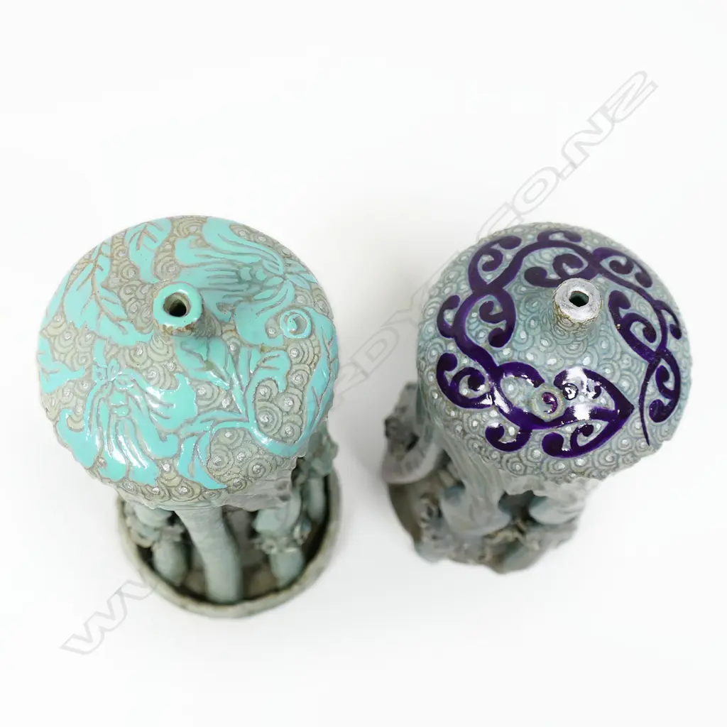 Keum Sun Lee/Sang Sool Shim, Pr Nikau Bottle Forms, purple koru & pl green, H.200 & 225mm. Image 1++